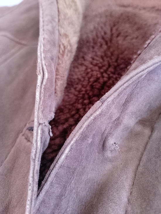 Vintage Womens Brown Shearling Teddy-Lined Leather Long Coat