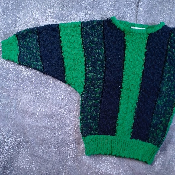 VINTAGE 90s Big Fluffy Wide Arms Green and Black Striped Sweater