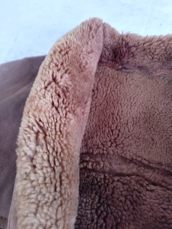 Vintage Womens Brown Shearling Teddy-Lined Leather Long Coat