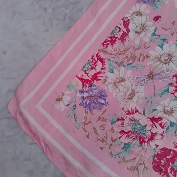 Vintage Talbots Floral Pink Square Silk Scarf Made in Japan Bugs/Bees/DRAGONFLY