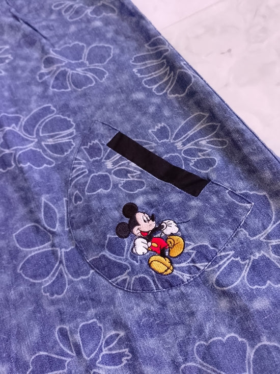 Vintage Disney Mickey Unlimited Denim Floral Pattern Dress with Embroidered Mick