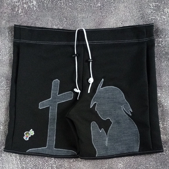 Praying Tupac with Cross Patchwork Shorts – Handcrafted, One-of-a-Kind Unisex