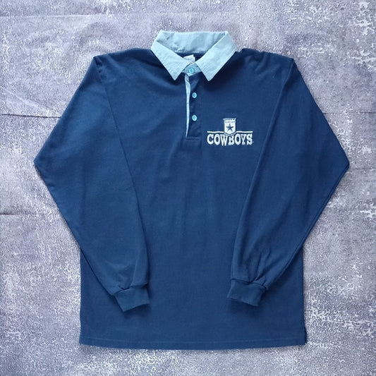 Vintage 90s NFL DALLAS COWBOYS EMBROIDERED Navy Long Sleeve Polo Shirt
