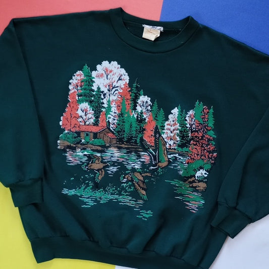 Vintage 90s Nature Wildlife Flying Duck & Forest Crewneck Sweater