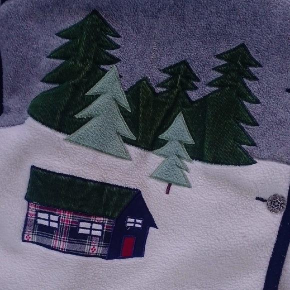 VINTAGE Cottage Winterscape Button Up Jacket Embroidery