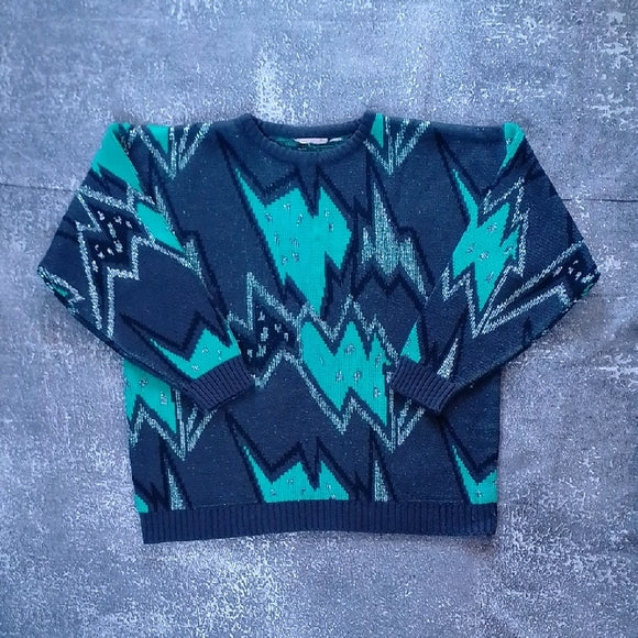 VINTAGE 90s Vintage Geometric Sweater in Teal and Black