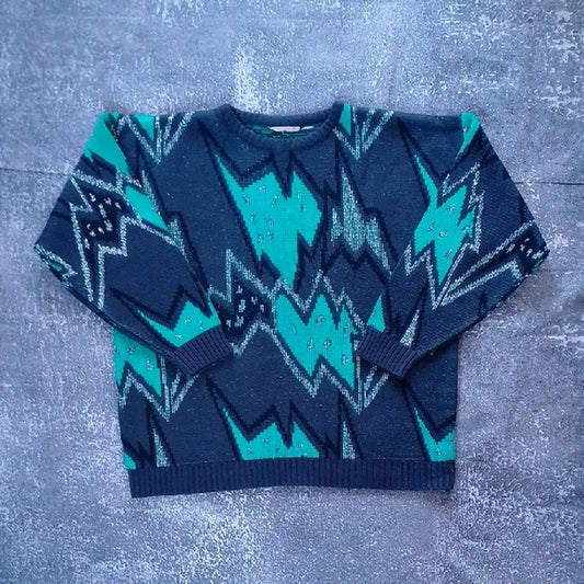 VINTAGE 90s Vintage Geometric Sweater in Teal and Black