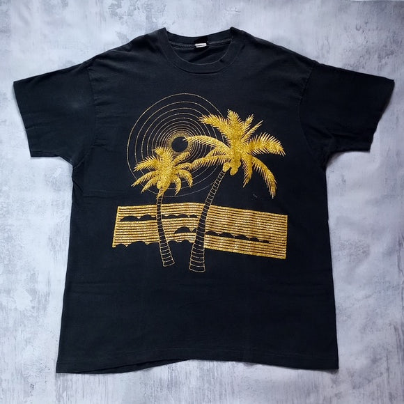 Vintage 90s Diamond Dust tropical Sunset GOLD Graphic Single Stitch T-Shirt