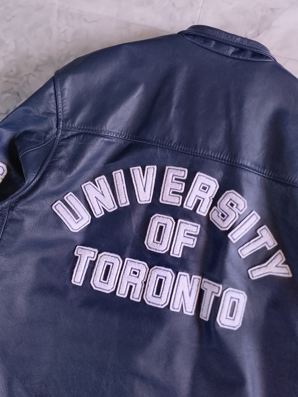 Vintage 1980s University of Toronto Navy Leather Jacket LANGUAGE DEPT LETTERMAN
