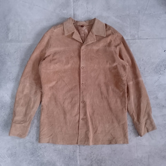 Danier Men's Suede Leather Button-Up Shirt Jacket in Light Tan SOFT