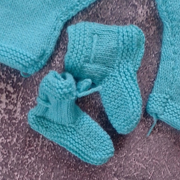 Teal Baby Knit Set with Hat and Booties HANDMADE UNISEX