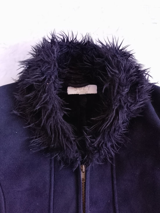 Y2K Style Women's Faux-Fur Trim Dark Black Jacket SUZY SHIER