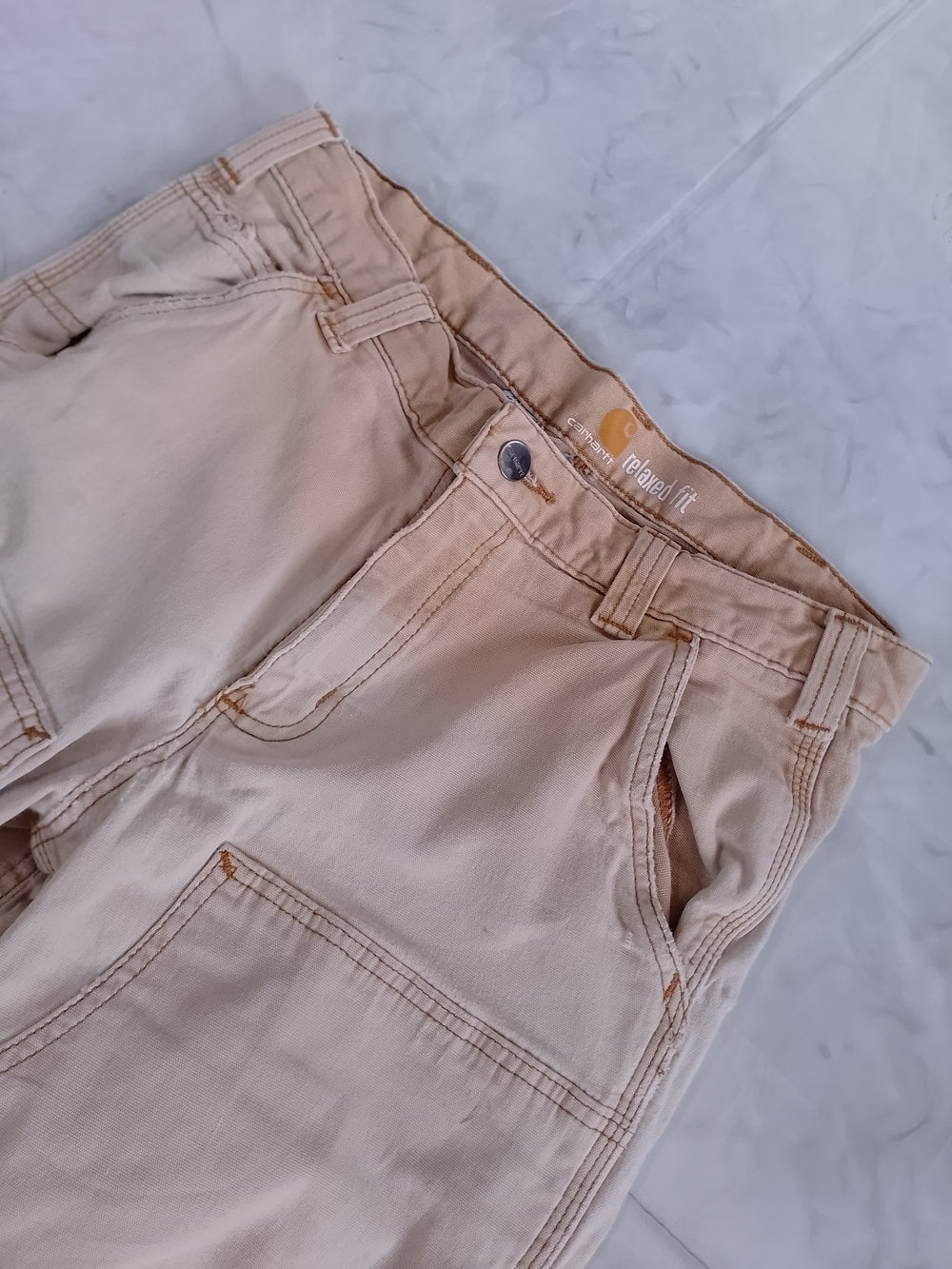 Carhartt Light Beige Utility Work Pants Relaxed Fit DISTRESSED