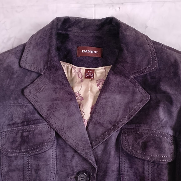 Danier Leather Suede Button-Front Blazer Jacket - Deep Purple