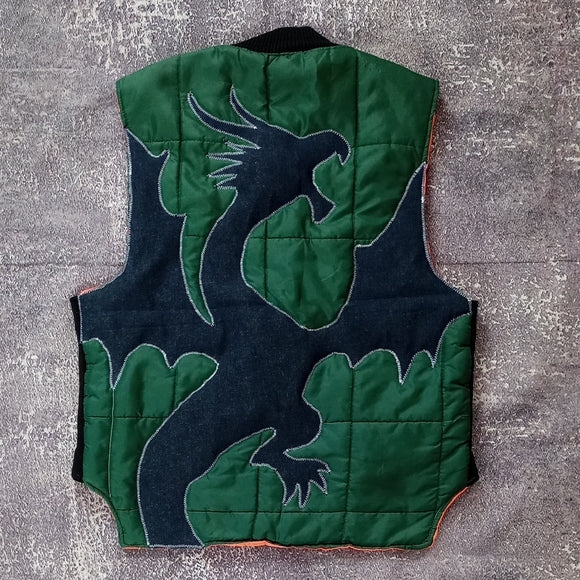 Vintage CUSTOM Green Quilted Vest with Dragon Embroidery