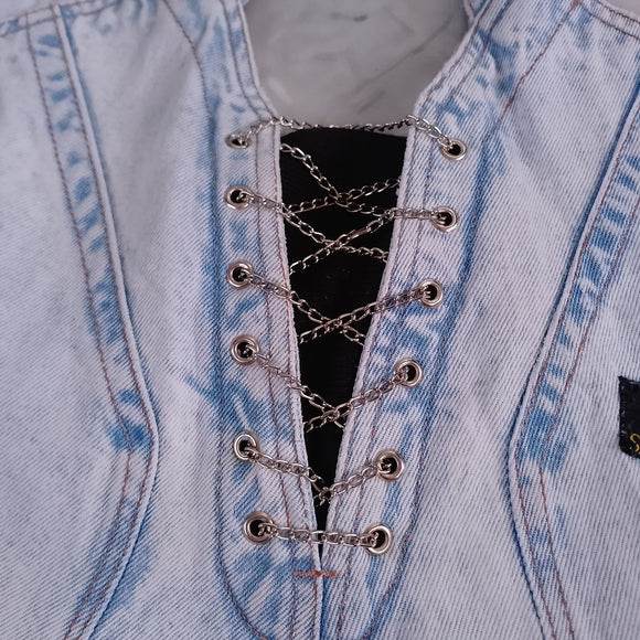 Vintage 90s SANTANA Denim Overalls Shorts Workwear ACID WASH Chain Zipper Detail