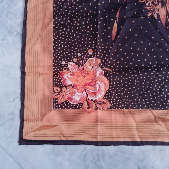 Vintage Floral Silk Scarf Hand Rolled Brown Yellow Orange Black 28in Made in China