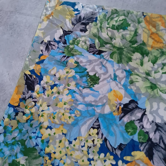 Vintage Floral Silk Scarf Blue Yellow White Vibrant 100% Silk