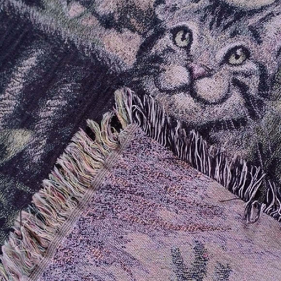 VINTAGE 1996 Floral Cat Tapestry with Tan and Gray Cats PICKEN