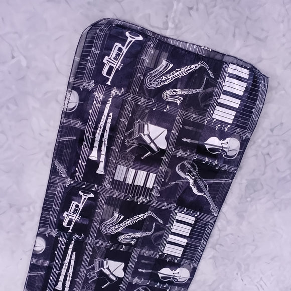 Vintage Music Theme Silk Scarf Shawl Black White Musical Instruments Notes 58x13