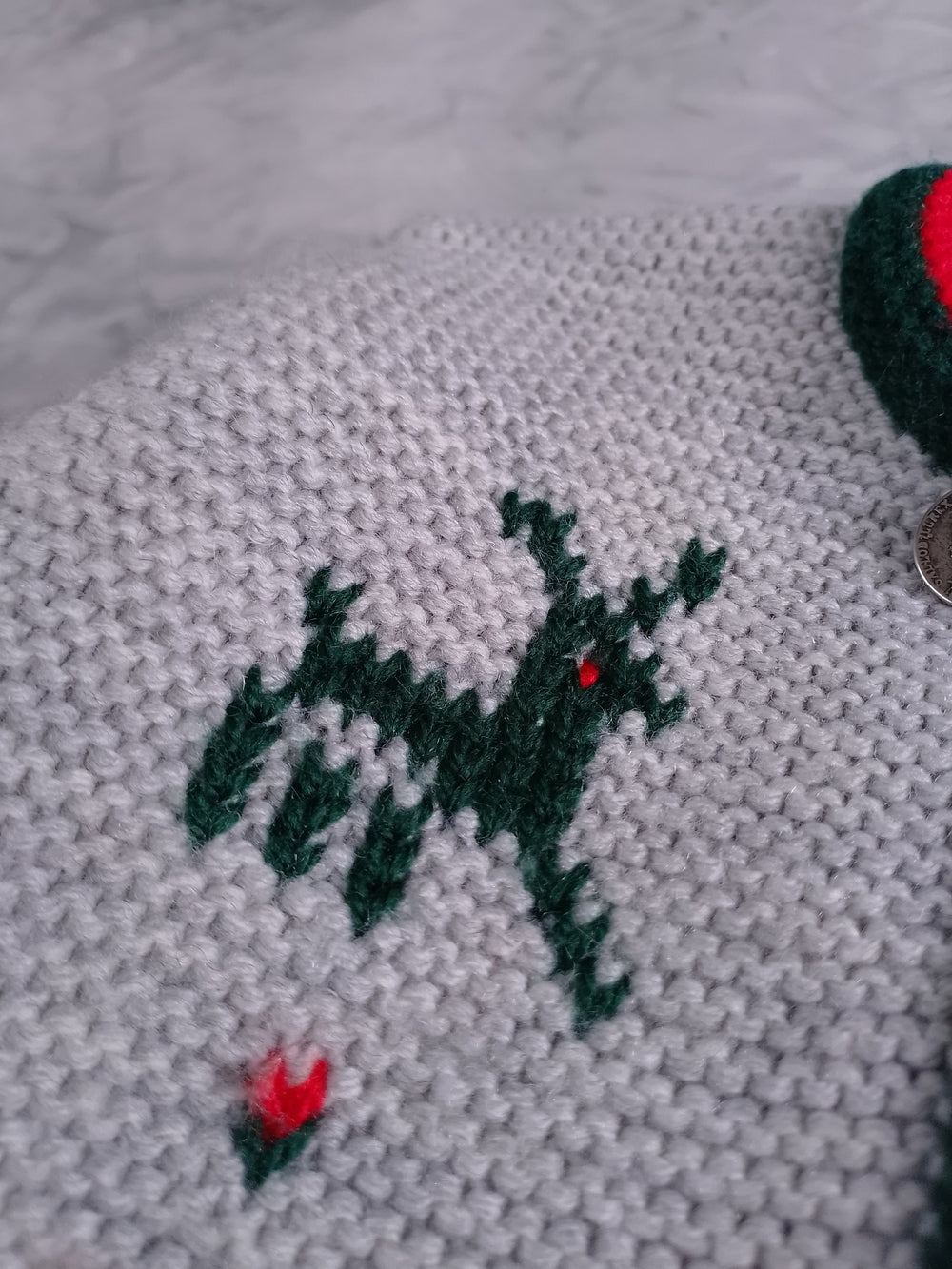 Vintage Green Reindeer & Red Trim Gray Knit Cardigan