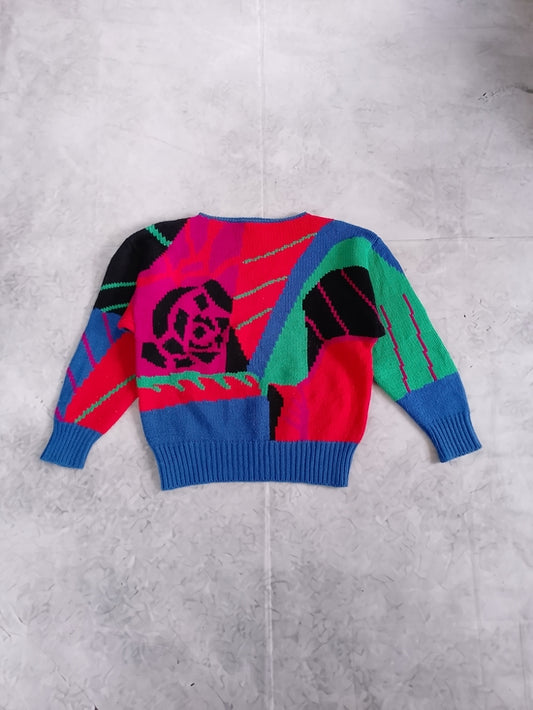Vintage 90s Wool Colorblock Floral Graphic Sweater - Blue, Pink & Green