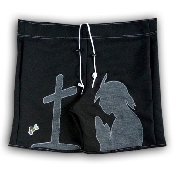 Praying Tupac with Cross Patchwork Shorts – Handcrafted, One-of-a-Kind Unisex