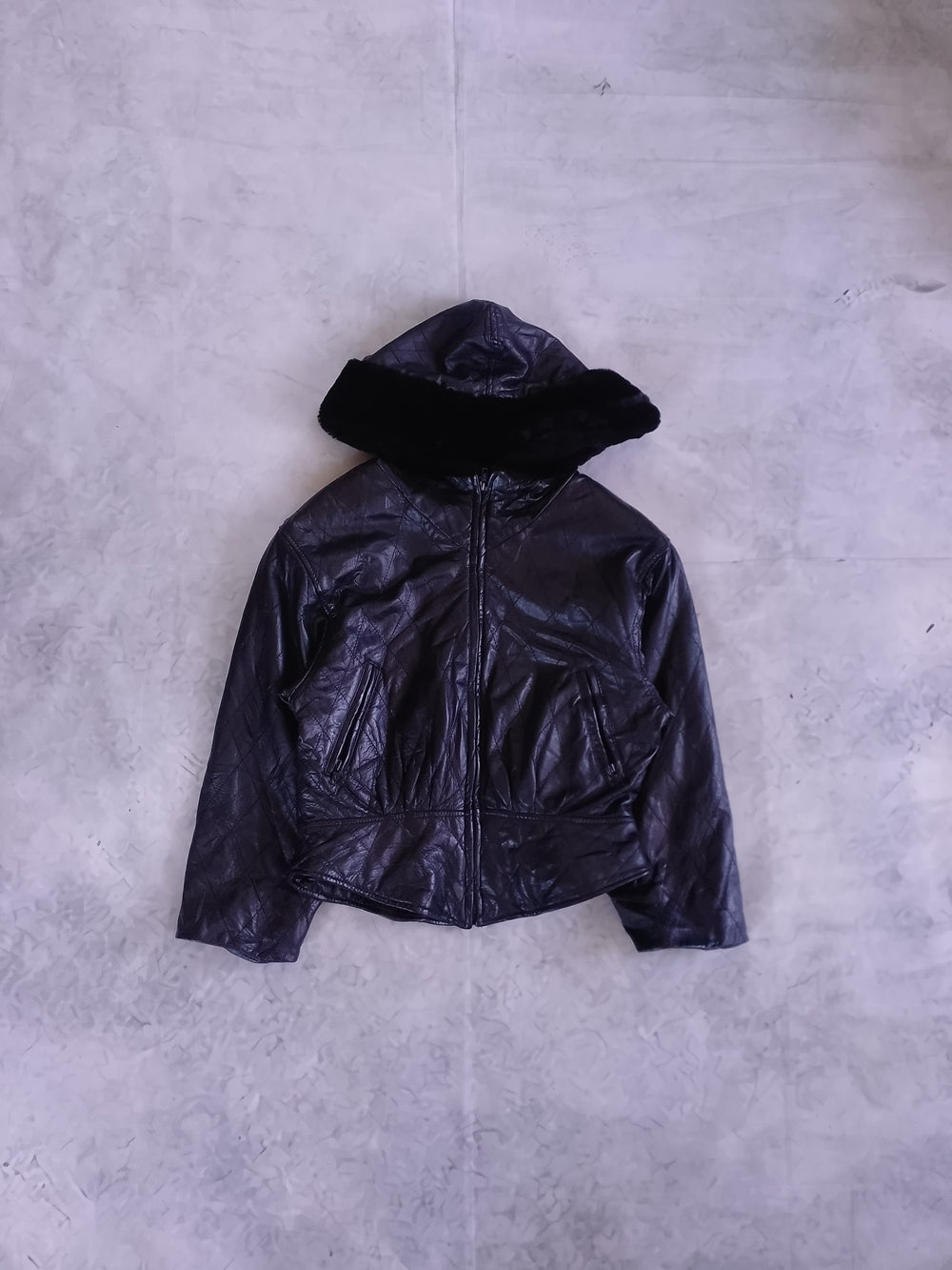 DANIER Black Leather Hooded Jacket with Faux Fur Trim