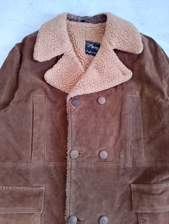 Vintage Leather/Suede Sherpa Double-Breasted Casual Overcoat Craft Of Canada