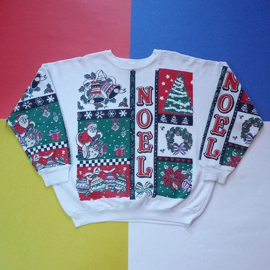 Vintage 90s Christmas NOEL Big Print All Over Crewneck Sweater