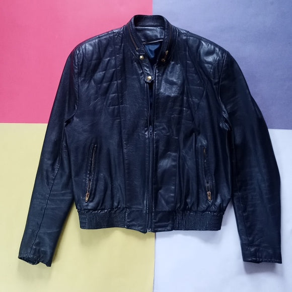 Vintage 80s Motorcycle Style Leather Jacket Navy Blue