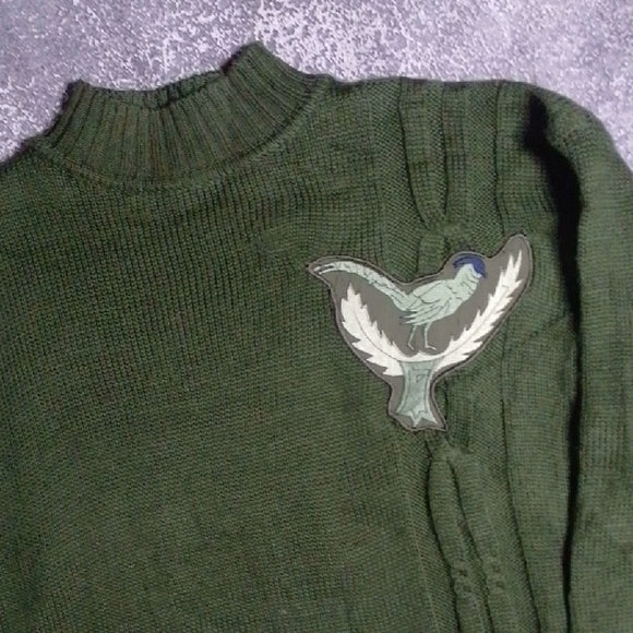Vintage 90s WOOL OLSEN Green Sweater with Embroidered Bird Patch Design