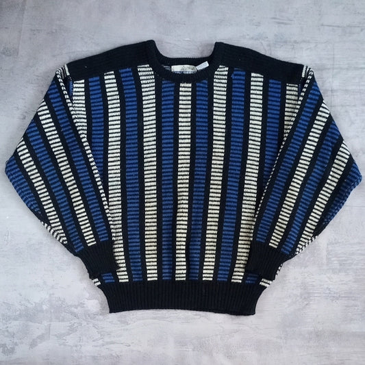 Vintage 90s Striped Blue and Black Men's Sweater Big Comfy Dad / Grandpa