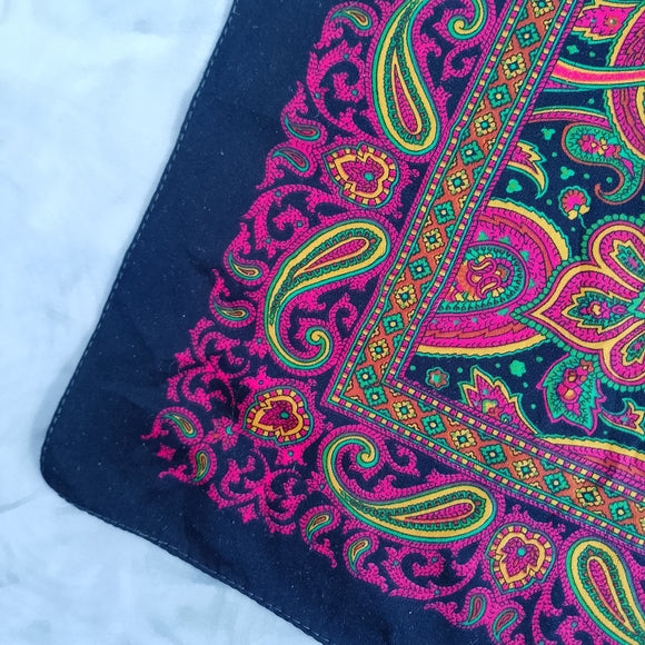 Vintage Paisley Silk Scarf Black Red Green Yellow 30” Square Neckerchief