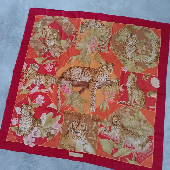 Vintage Salvatore Ferragamo Tiger & Leopard Print Silk Scarf Red Orange Yellow
