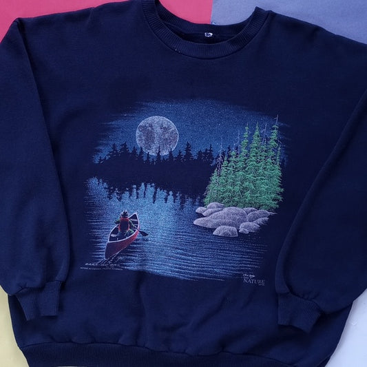 Vintage 90s Canoeing At Night with Moon In Woods Bara-Qu-Da Sweater Unisex