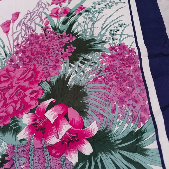 Vintage 70s Abstract Floral Border Stripe Scarf Pink Navy 27” Satin Polyester