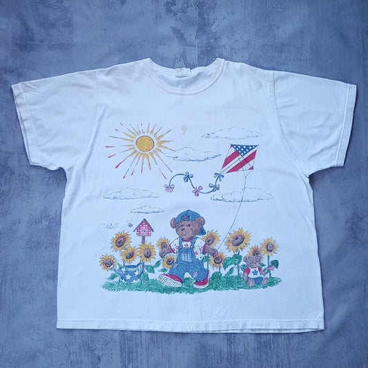 VINTAGE 90s Teddy Bear Flying Kite Big Print Double Sided T-Shirt