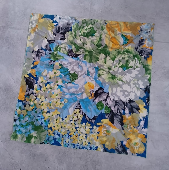 Vintage Floral Silk Scarf Blue Yellow White Vibrant 100% Silk