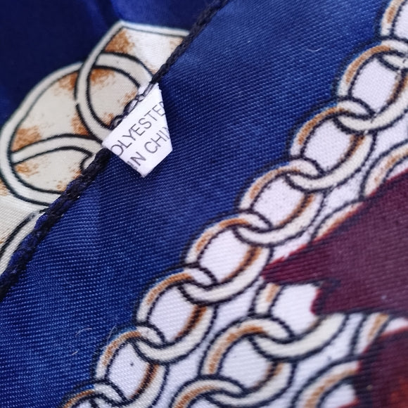 Vintage Shimmery Polyester Linen Scarf Burgundy Gold Blue Chain Print 35in