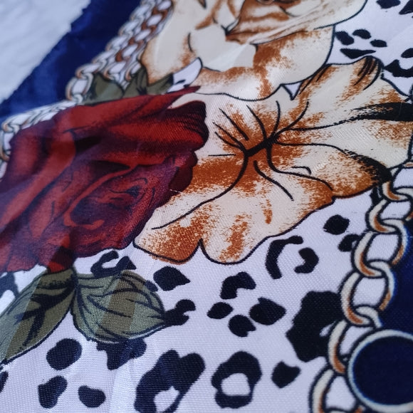 Vintage Shimmery Polyester Linen Scarf Burgundy Gold Blue Chain Print 35in