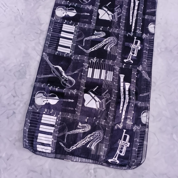 Vintage Music Theme Silk Scarf Shawl Black White Musical Instruments Notes 58x13