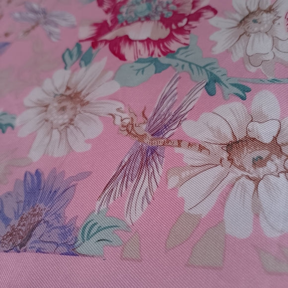 Vintage Talbots Floral Pink Square Silk Scarf Made in Japan Bugs/Bees/DRAGONFLY