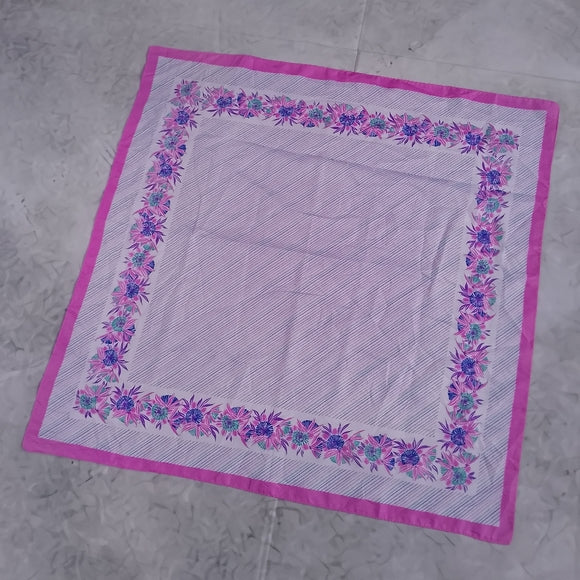 Vintage Floral Silk Scarf Purple White Square Scarf 26” Retro Neck Head Scarf