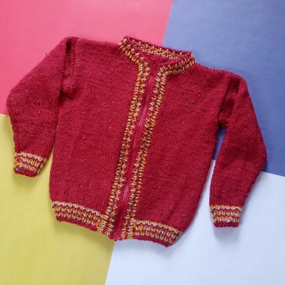Vintage Handmade Red Zip Up Sweater Jacket