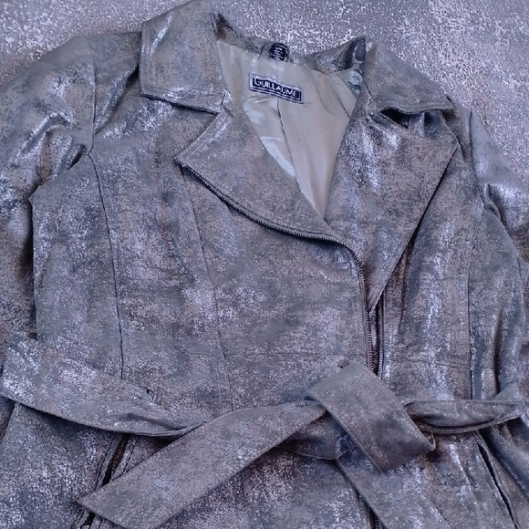 Vintage 90s Metallic Grey Belted Leather Coat