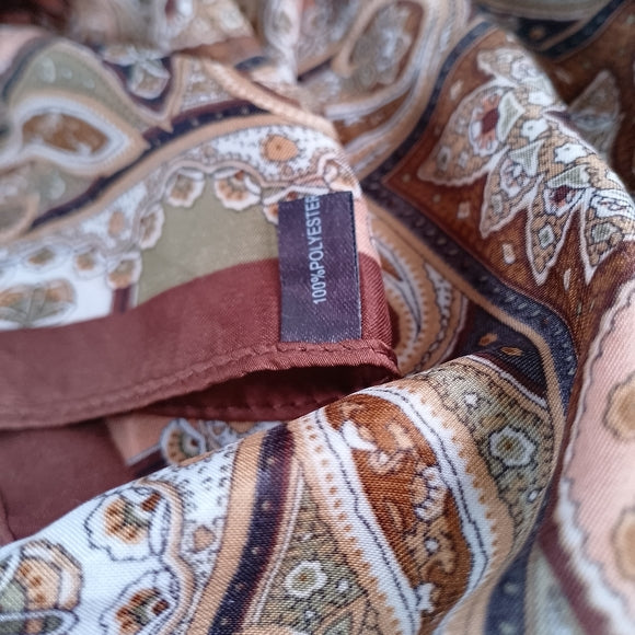 Vintage Paisley Square Scarf Brown Tan Paisley Print 25” Polyester Retro Scarf