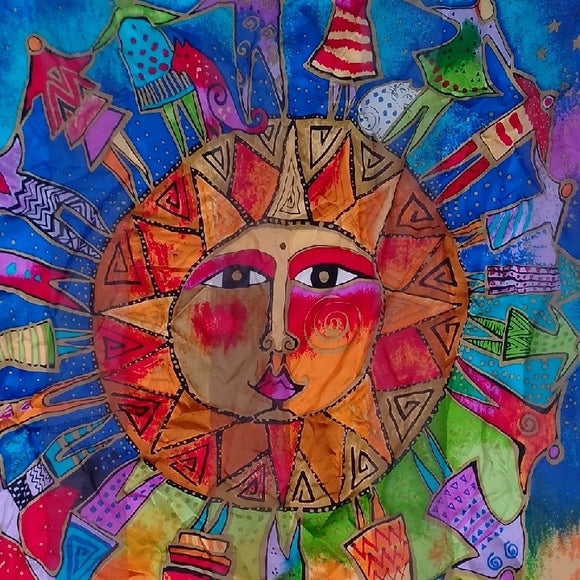 Vintage Laurel Burch “Harmony Under the Sun” Silk Scarf Sun, People & Animals
