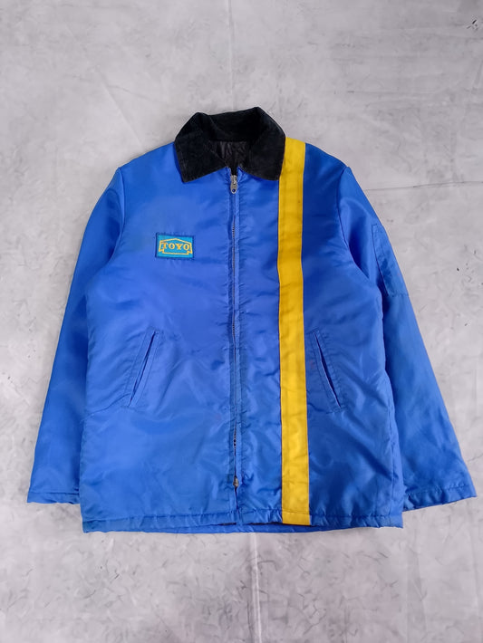 Vintage 90s TOYO Tires Blue Bomber Jacket with Yellow Racing Stripe