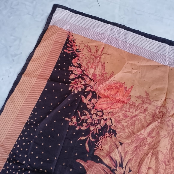 Vintage Floral Silk Scarf Hand Rolled Brown Yellow Orange Black 28in Made in China